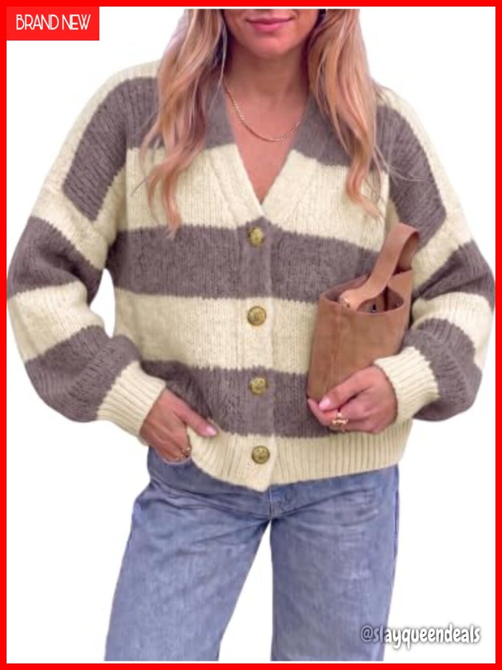 Womens Striped Open Front Cardigan V Neck Knit Sweater